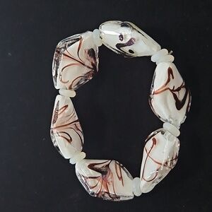 LAMPWORK  BEAD BRACLET IN WHITE AND BROWN/ BURGUNDY
